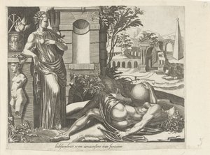 La fortuna no favorece a los que se duermen; La paciencia como el vencedor de la fortuna La paciencia vence a la felicidad Liidsaemheiit es un ganador de fortuna (título sobre objeto) Proverbios sobre Fortuna (título de la serie) de Dirck Volckertsz. Coornhert (attributed to)