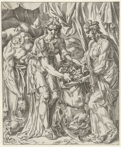 Judit mete la cabeza de Holofernes en una bolsa Judit y Holofernes (título de serie) de Dirck Volckertsz. Coornhert (attributed to)