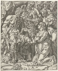 Judit voor Holofernes Judit en Holofernes (series title) de Dirck Volckertsz. Coornhert (attributed to)