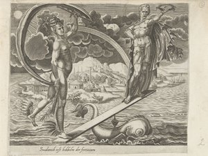 La inconsistencia de la fortuna; Es Fácil Bailar Cuando La Fortuna Juega Para Ti Así la felicidad es inestable. Soodanich primer golpe de fortuna (título sobre objeto) Proverbios sobre Fortuna (título de la serie) de Dirck Volckertsz. Coornhert (attributed to)