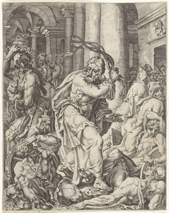 Expulsión de los cambistas del templo La caída y la redención de la humanidad a través de la vida y la pasión de Cristo (título de la serie) de Dirck Volckertsz. Coornhert (attributed to)