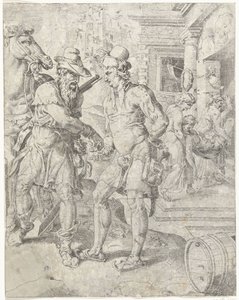 El buen samaritano paga al posadero Parábola del Buen Samaritano (título de la serie) de Dirck Volckertsz. Coornhert