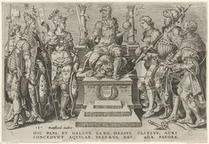 El emperador Carlos V rodeado de sus oponentes derrotados Victorias de Carlos V (título de la serie) Divi Caroli. v. imp. optar. max victoriae, ex multis praecipuae (título de la serie)