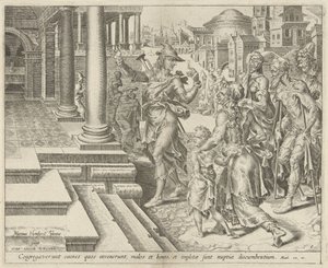 Invitación a los enfermos y pobres Parábola de una fiesta de bodas (título de la serie) de Dirck Volckertsz. Coornhert