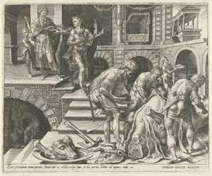 Preparativos para el banquete de bodas. Parábola de una fiesta de bodas (título de la serie) de Dirck Volckertsz. Coornhert