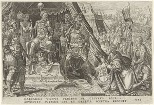 Guillermo II, duque de Güeldres, se somete a la autoridad de Carlos V, 1543 Victorias de Carlos V (título de la serie) Divi Caroli. v. imp. optar. max victoriae, ex multis praecipuae (título de la serie) de Dirck Volckertsz. Coornhert