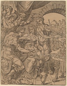 El hijo pródigo derrochando su herencia en prostitutas de Dirck Volckertz Coornhert after Maerten van Heemskerck
