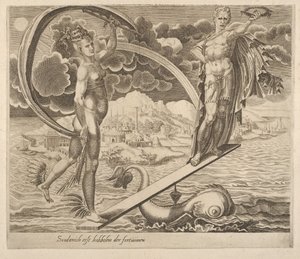 La fortuna usando al hombre como juguete de los Seis Dichos sobre la Fortuna, ca. 1560 de Dirck Volkertsen Coornhert