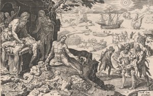 Las tropas imperiales llevando la civilización a los indios, de Las victorias del emperador Ch..., 1555. de Dirck Volkertsen Coornhert
