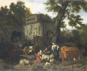 Paisaje con pastores y ganado cerca de una tumba de Dirck van Bergen