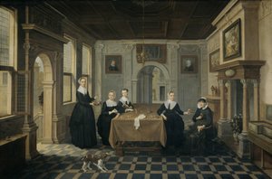 Cinco mujeres en un interior de Dirck van Delen (attributed to)