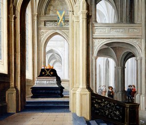 Interior de una iglesia con una tumba real de Dirck van Delen