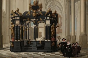 Una familia en la tumba del príncipe Guillermo I en la Nieuwe Kerk, Delft. 1645