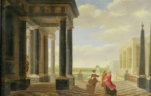 Figuras en conversación en un entorno clásico de Dirck van Delen