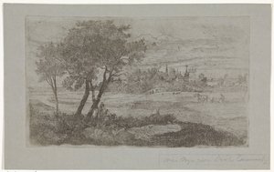 Paisaje con árboles en primer plano y un arado en el campo de Dirk Arnoldus Tavenraat