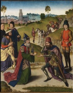 El último almuerzo del retablo: Encuentro de Abraham y Melquisedec (detalle), 1464-1468 de Dirk Bouts