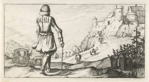 Hombre en gambeson en un paisaje de montaña Trajes de hombres y mujeres holandeses, 1622 (título de la serie) de Dirk Eversen Lons