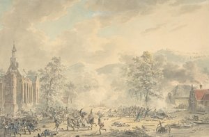 Escena de batalla con iglesia a la izquierda, ca. 1790-1800 de Dirk Langendijk