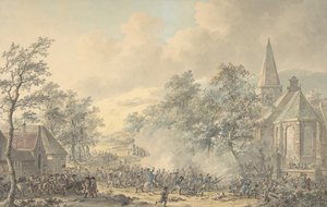 Escena de batalla con iglesia a la derecha, ca. 1790-1800 de Dirk Langendijk