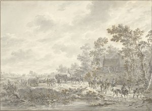 Un ejército marcha a través de un pueblo. de Dirk Langendijk