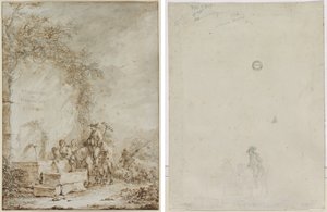 Frontispiece for an Album of Drawings: Peasants at a Fountain (recto) Sketch of Peasants at a Fountain (verso) de Dirk Langendijk