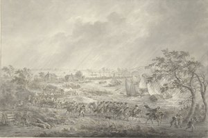 Cruce de las tropas inglesas y hannoverianas de Nijmegen a Lent por el puente de barcos sobre el Waal, 7 de noviembre de 1794 de Dirk Langendijk