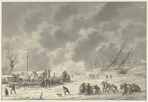 Vuelos del Landzaten en Texel, enero de 1795 La partida del Canonier Booten y el Vlugt del Landzaaten en el mes de diciembre de 1794 (título sobre el objeto) de Dirk Langendijk