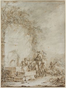 Frontispicio para un Álbum de Dibujos: Campesinos en una Fuente, 1784 de Dirk Langendyk