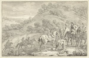 Paisaje de montaña con jinete a pie y otros cazadores a caballo de Dirk Maas