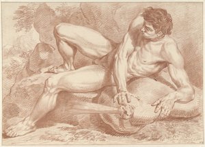 Desnudo masculino recostado, sobre una bolsa de la que sale aire de Dirk Versteegh