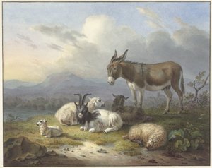 Paisaje con burro, cabra y oveja de Dirk van Oosterhoudt