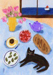 Desayuno relajante junto al mar con gatos