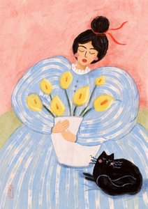 Mujer con flores y un gato