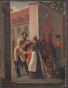 Escena de despedida. Un caballero se despide de una chica