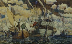 Pedro I y Lefort. La Flota de Pedro I en el Lago Pleshcheyevo, 1927 de Dmitri Nikolayevich Kardovsky