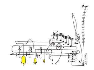Elegía - dibujo de una partitura musical con la notación formando una cara y campanas colgando de los pentagramas