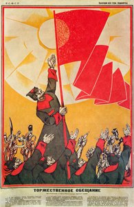 Dmitrij MOOR (Dmitrij Stachievic Orlov 3 de noviembre de 1883 24 de octubre de 1946) el abanderado ondea la bandera roja, que se destaca contra el sol del futuro; soldados y proletarios levantan sus brazos y símbolos del trabajo pronunciando "La Promesa So de Dmitry (1883 1946) Moor