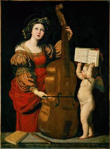 Santa Cecilia y un ángel que sostiene una partitura ...