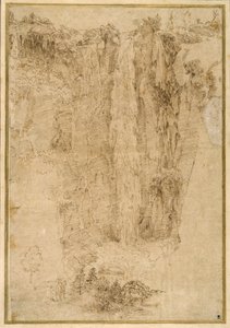 Paisaje con una cascada; al pie, dos hombres, uno montado