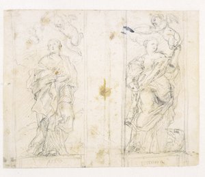 Dos nichos con figuras de pie de Santa Águeda y Santa Margarita coronadas por putti de Domenichino