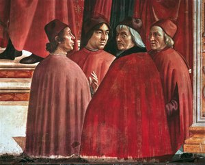 Historias de la Virgen María: Anunciación a Zacarías, detalle de Cristoforo Landino, Angelo Poliziano y Marsilio Ficino, c.1485-90 (fresco) de Domenico Ghirlandaio