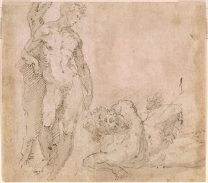 Beccafumi - Verso Desnudo masculino apoyado en un tronco de árbol y desnudo masculino recostado con la cabeza echada hacia atrás, ca. 1530-1540 de Domenico Beccafumi