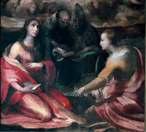 Cristo coronando a la Virgen María y cuatro santos, detalle: Santa María Magdalena, San Antonio de Padua, Papa San Gregorio I o El Grande y Santa Catalina de Alejandría de Domenico Beccafumi