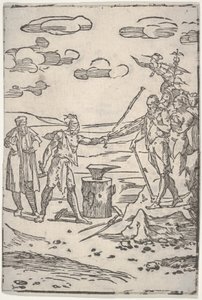 El falsificador junto a un yunque, tirando de un hombre encadenado, de «Las diversas operaciones de la alquimia» de Domenico Beccafumi