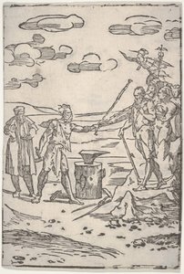El falsificador de pie junto a un yunque tirando de un hombre encadenado, de la serie Las var... de Domenico di Pace Beccafumi  