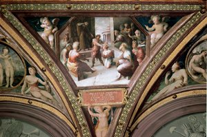 El sacrificio de Seleuco de Locres Seleuco, después de haber perdido un ojo por su hijo, realiza un sacrificio para justificar el uso del arma prohibida en el Senado. Fresco por Domenico di Giacomo di Pace dit Beccafumi de Domenico Beccafumi