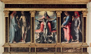 Tríptico de la Trinidad: San Cosme, San Juan Bautista, la Trinidad, San Juan Evangelista y San Damián. Inserción 