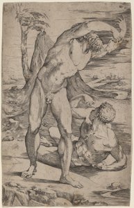 Dos desnudos masculinos gesticulando en un paisaje de Domenico Beccafumi