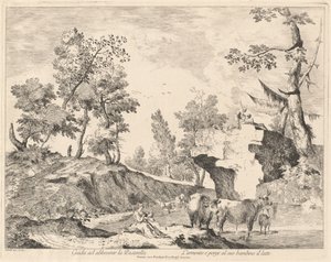 Paisaje con pastora y rebaño en un abrevadero de Domenico Bernardo Zilotti