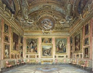 Interiores del Palazzo Pitti, Florencia: La Sala di Saturno con la "Lamentación" de Perugino flanqueada por pinturas de Fra Bartolommeo y Rafael, 1871